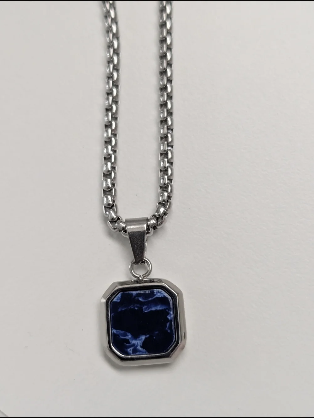 Stainless Steel Chain Necklace with Navy Blue Octagon Pendant